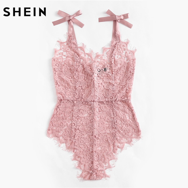 SHEIN Ribbon Tie Shoulder See Though Floral Lace Bodysuit Ladies Sexy Bodysuit Pink Sleeveless V Neck Cute Bodysuit