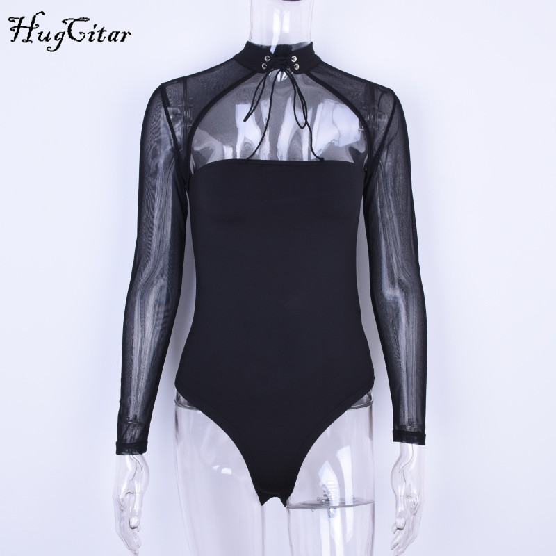 Hugcitar long sleeve mesh patchwork cotton bodycon sexy lace up bodysuit women solid high neck with bandage body
