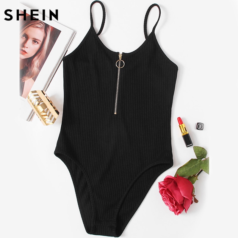 SHEIN O-Ring Zipper Front Ribbed Cami Bodysuit Summer Casual Black Scoop Neck Sleeveless Sexy Bodysuits for Women