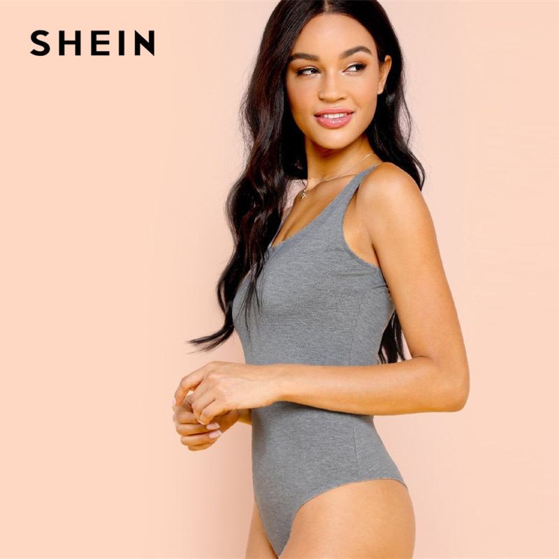 SHEIN Grey Casual Sexy Heather Tank Solid Square Neck Mid Waist Skinny Bodysuit Summer Women Going Out Bodysuits
