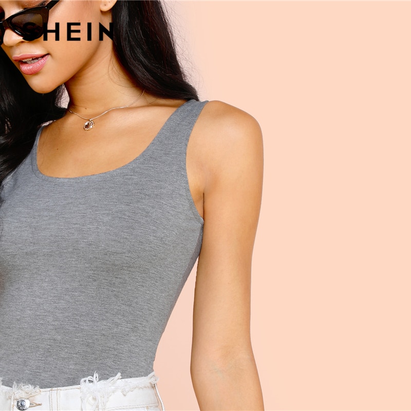 SHEIN Grey Casual Sexy Heather Tank Solid Square Neck Mid Waist Skinny Bodysuit Summer Women Going Out Bodysuits