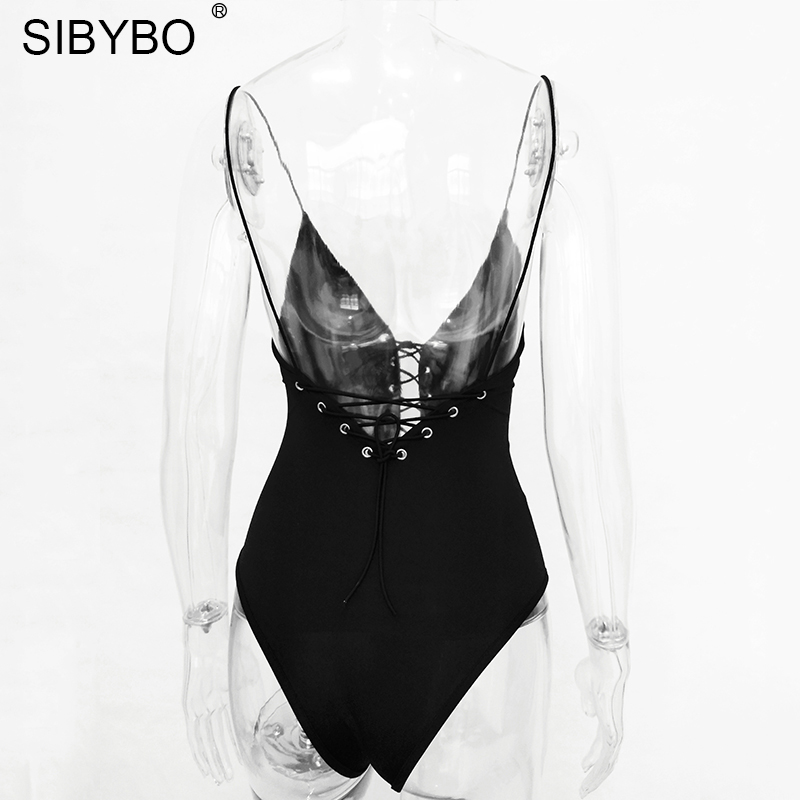 Sibybo Sexy Lace Up Bodysuit Women 2019 Summer Backless Deep V Neck Slim Playsuit Bodycon Rompers Womens Jumpsuit Overalls Tops