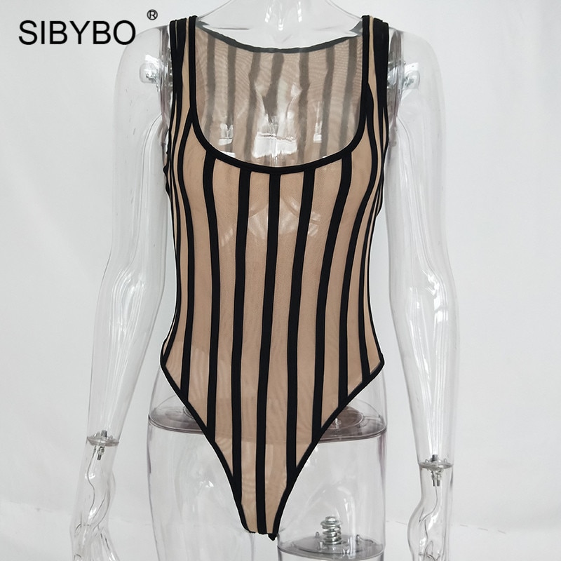 Sibybo Striped Print Skinny Summer Bodysuit Women Sleeveless O-Neck Sexy Romper Women Beach Casual Ladies Bodysuit Jumpsuit