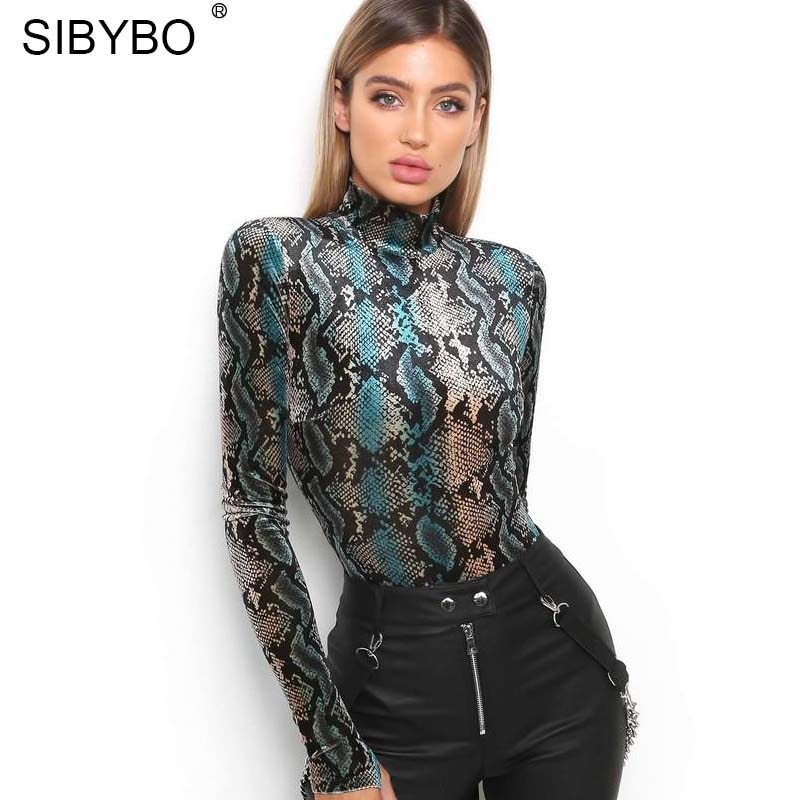 SIBYBO Snake Skin Grain Print Bodysuit Women Tops Long Sleeve Autumn Winter Turtleneck Slim Bodysuits Rompers Womens Jumpsuit