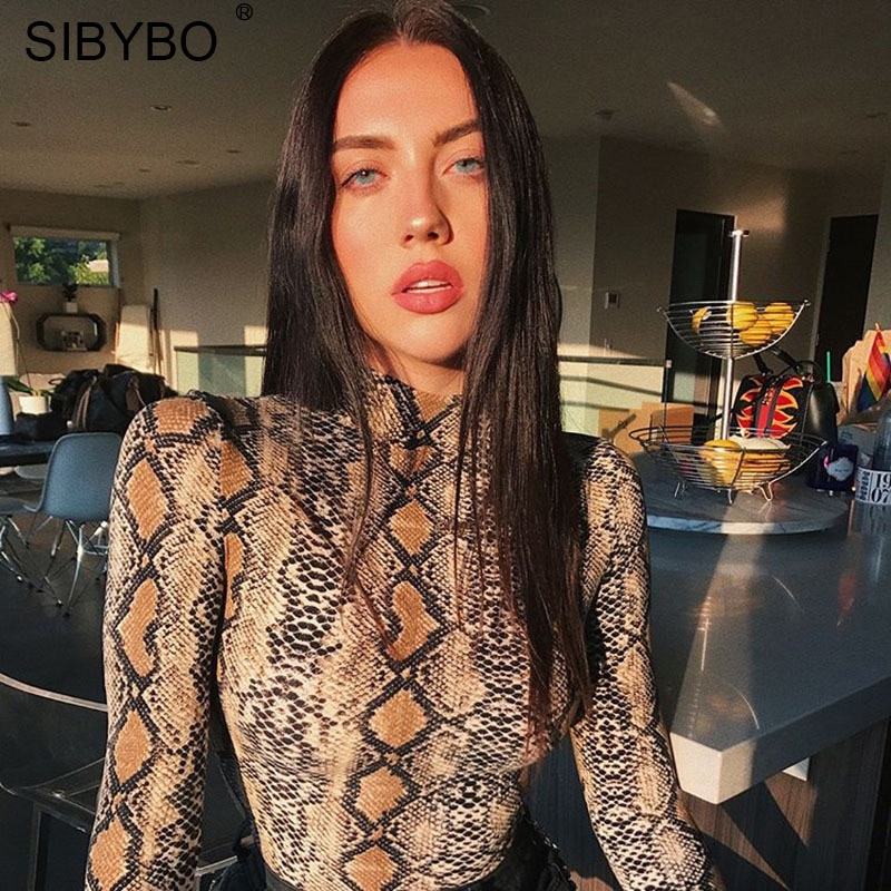 SIBYBO Snake Skin Grain Print Bodysuit Women Tops Long Sleeve Autumn Winter Turtleneck Slim Bodysuits Rompers Womens Jumpsuit