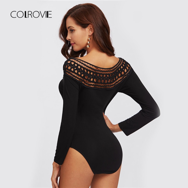COLROVIE Black Hollow Out Shoulder Solid Night Out Sexy Skinny Bodysuit Autumn Scoop Long Sleeve Elegant Women Bodysuits
