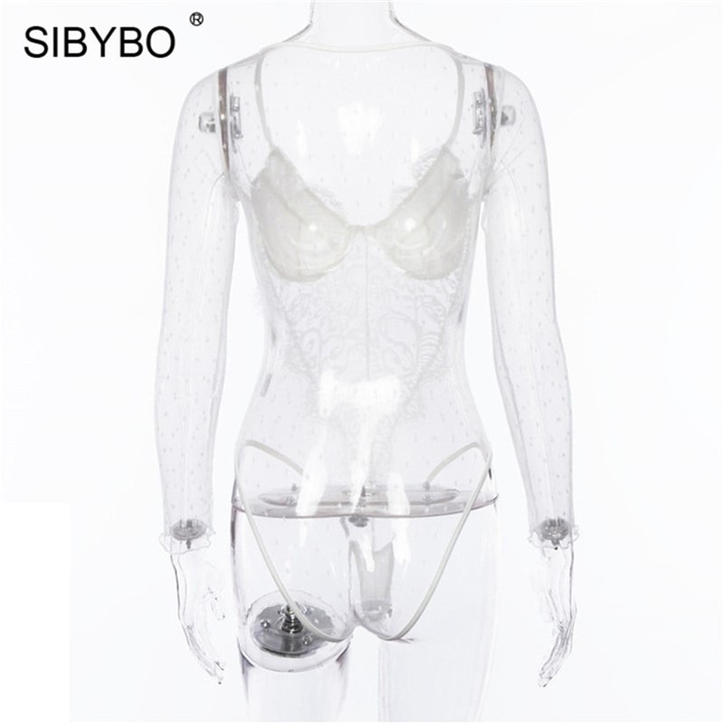 Sibybo Perspective Mesh Crochet Sexy Lace Bodysuit Women Long Sleeve V-Neck Skinny Romper Women Party Playsuits and Jumpsuits