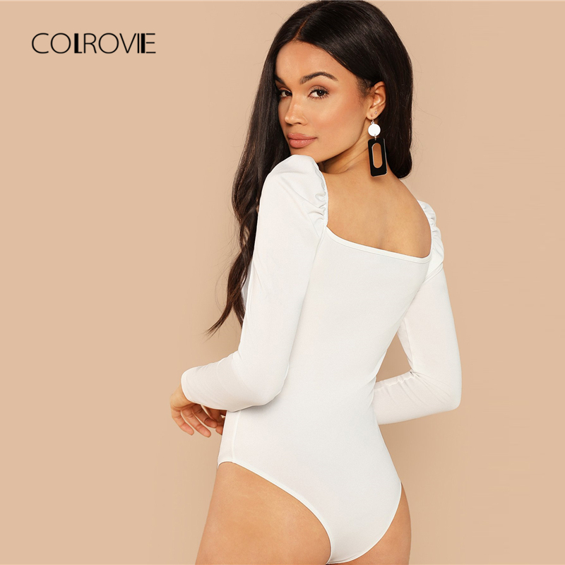 COLROVIE Solid Ruched Puff Sleeve Skinny White Bodysuit Women Autumn Long Sleeve Sexy Body Office Female Basic Bodysuits