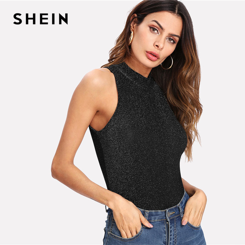 SHEIN Black Mock Neck Glitter Skinny Bodysuit Stand Collar Sleeveless Sexy Rompers 2018 Women New Clothing Plain Bodysuit