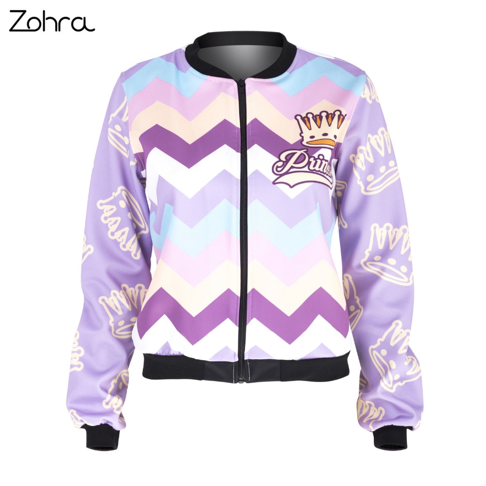 Zohra New Spring Women Bomber Jacket Princess Zyg Zag Printing Jaqueta Feminina  Fashion Sexy Slim Basic Jacket for Woman