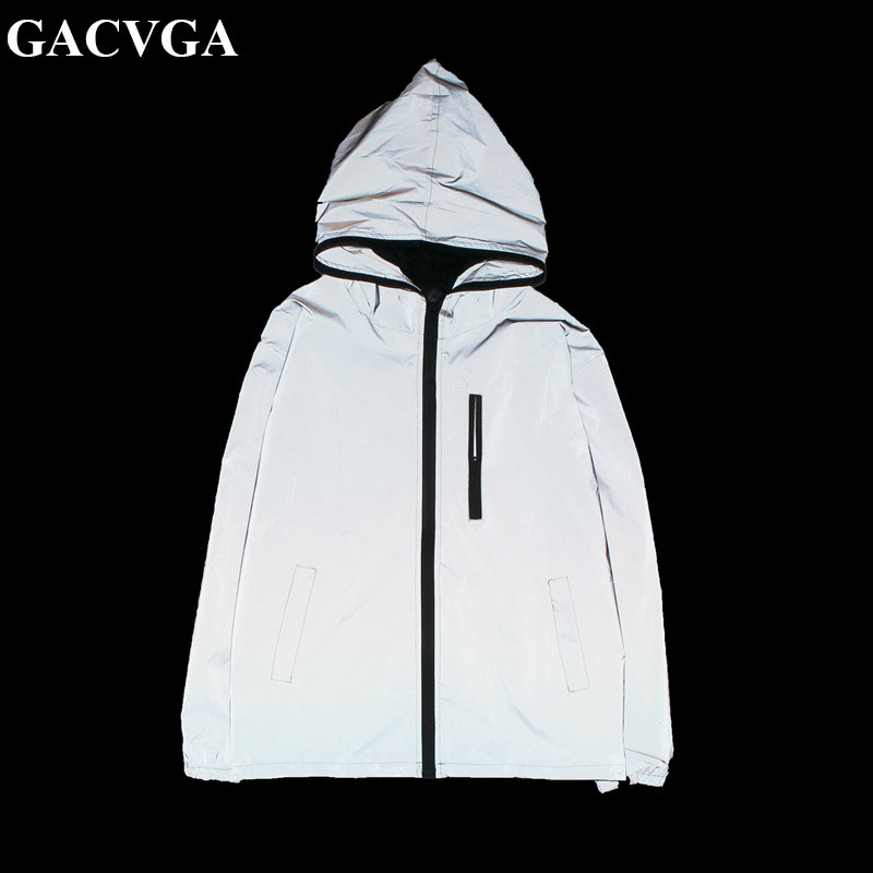 GACVGA 2019 Reflective Jacket Hooded Party Night Club Long Sleeve Women Jackets and Coats Luminous Sexy Windbreaker Overcoat