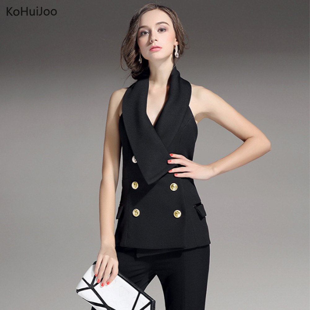 KoHuiJoo Summer Women Fashion Halter Vest High Quality Double Breasted Sexy Backless Sleeveless Jacket Female Style Waistcoat