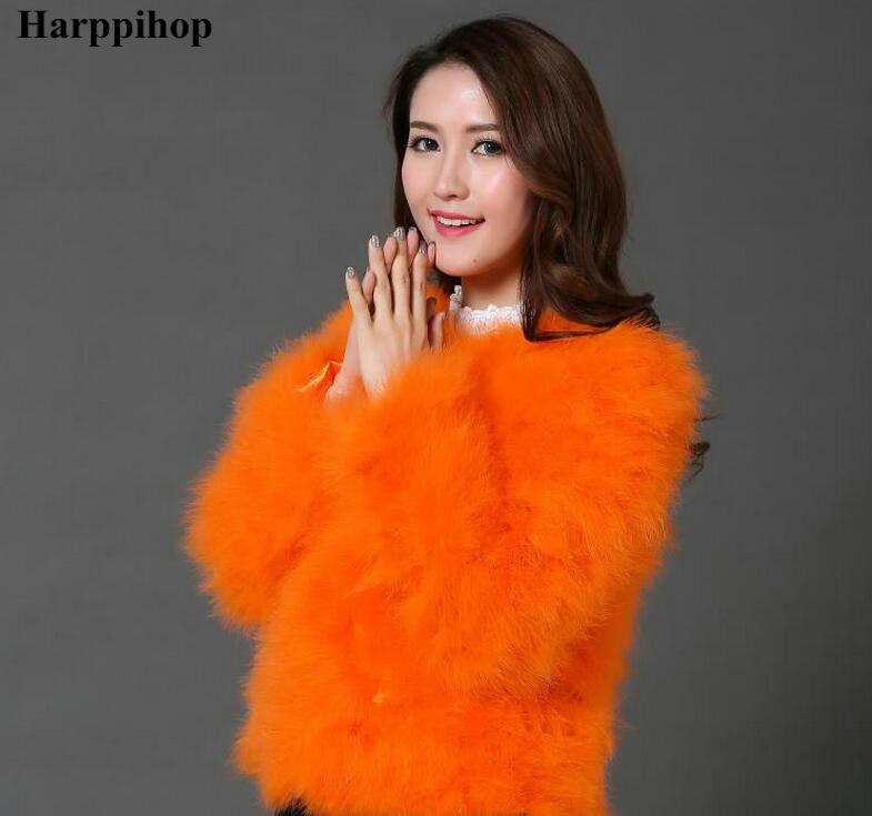 Harppihop 13 colors fashion sexy Ostrich wool turkey fur women coat feather short plus size jacket winter festival long sleeve