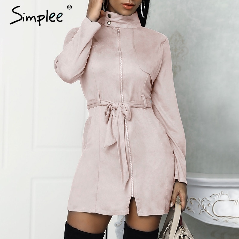 Simplee Sexy sashes suede slim trench coat women Stand collar zipper trench dress Autumn winter lady casual outwear overcoat