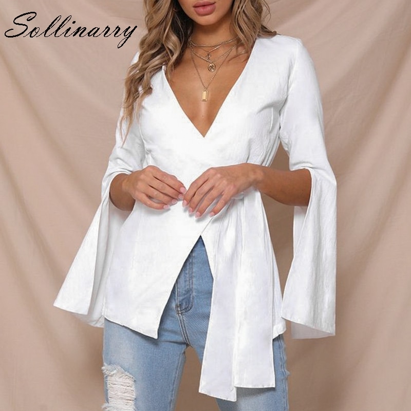 Sollinarry Chic Split Autumn Solid White Coat Elegant Bow Crossover Bottom Wrap Sexy Coat Women Shirt Casual OL Ladies Coat