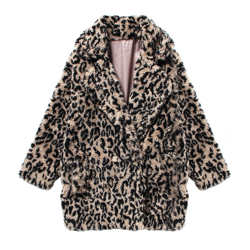 2018 Winter New Vintage Leopard Printing  Lamb Fur Warm Women's Overcoat