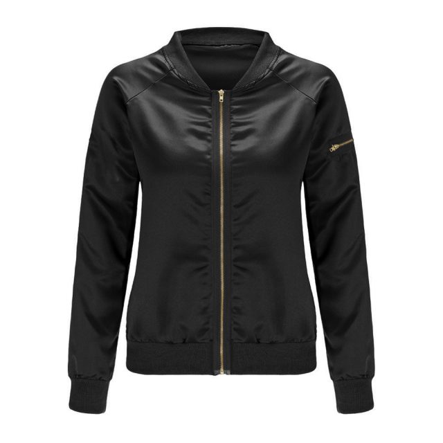 Download Sexy Black Golden Zipper Satin Bomber Jacket Basic Coats ...
