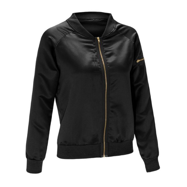 Download Sexy Black Golden Zipper Satin Bomber Jacket Basic Coats ...