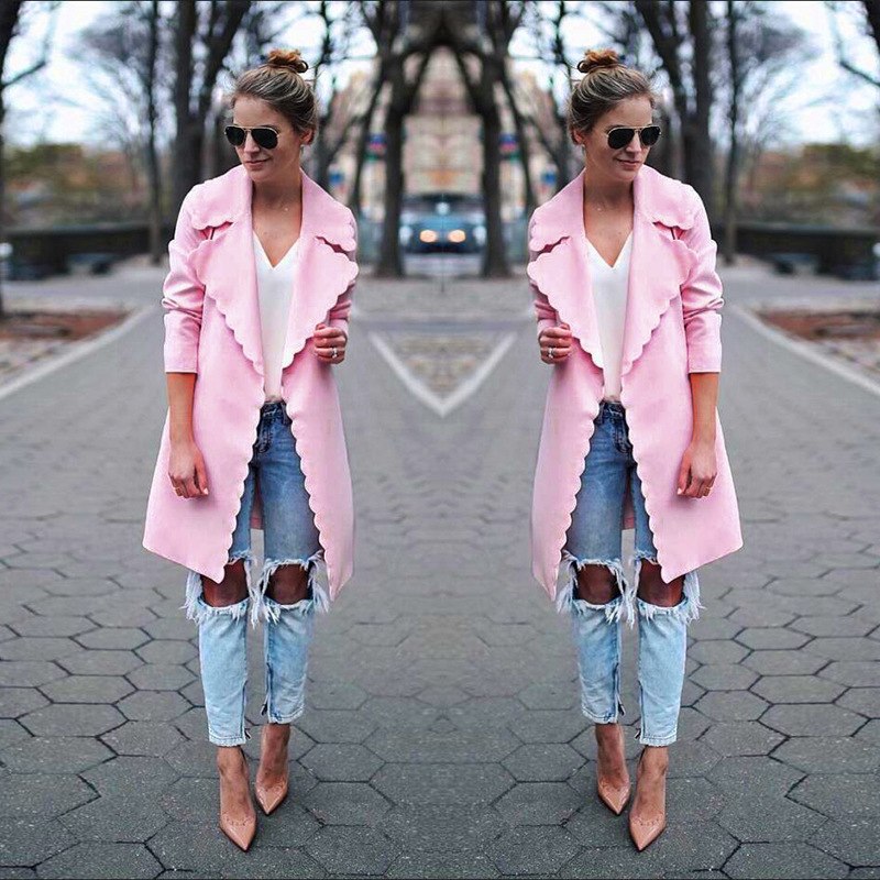 Women Fashion Sweet Wavy Edge Design Lapel Long Cardigan Coat Jacket Ladies Elegant Pink Long Sleeve Trench Coats Outwear Tops