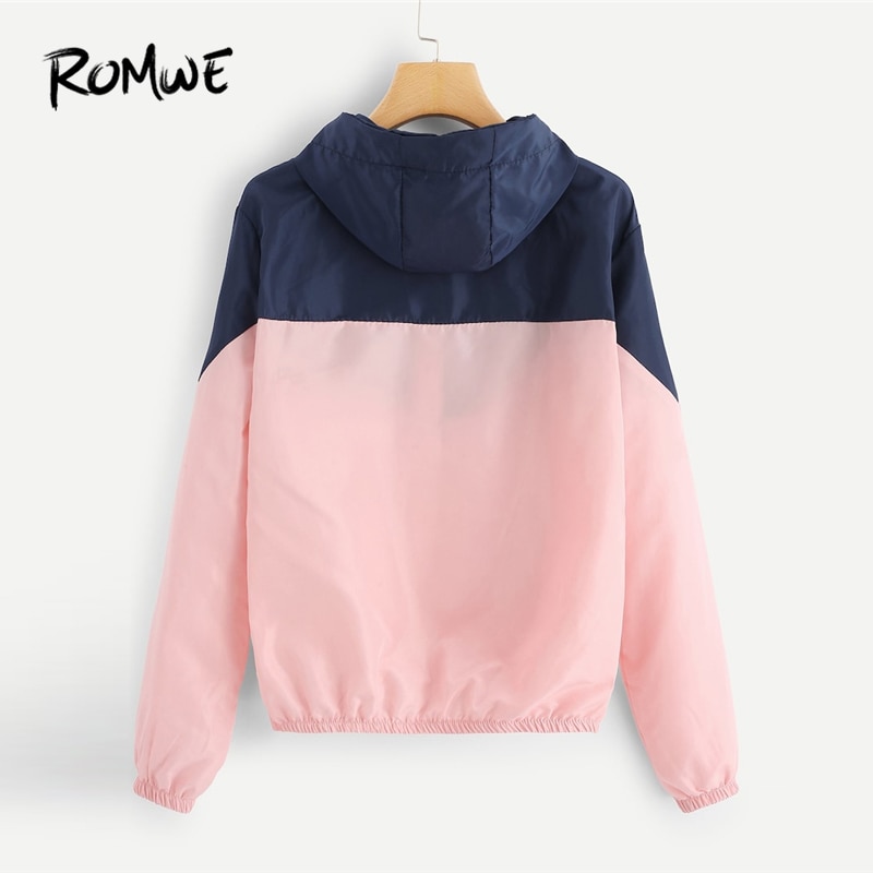 ROMWE Cut And Sew Zip Up Hooded Jacket 2019 Spring Autumn Streetwear Women Coats And Jackets Young Pink Drawstring Women Jacket