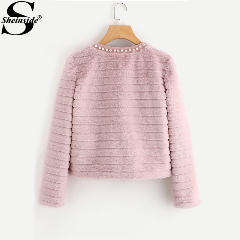 Sheinside Pink Pearl Beading Textured Faux Fur Coat Winter Collarless Cute Outerwear With Lining 2018 Womens Elegant Coats