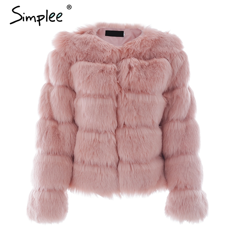 Simplee Vintage fluffy faux fur coat women Short furry fake fur winter outerwear pink coat 2018 autumn casual party overcoat