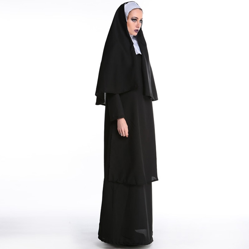 2017 Wholesale Virgin Mary Nuns Costumes for Women Sexy Long Black Nuns Costume Arabic Religion Monk Ghost Uniform Halloween