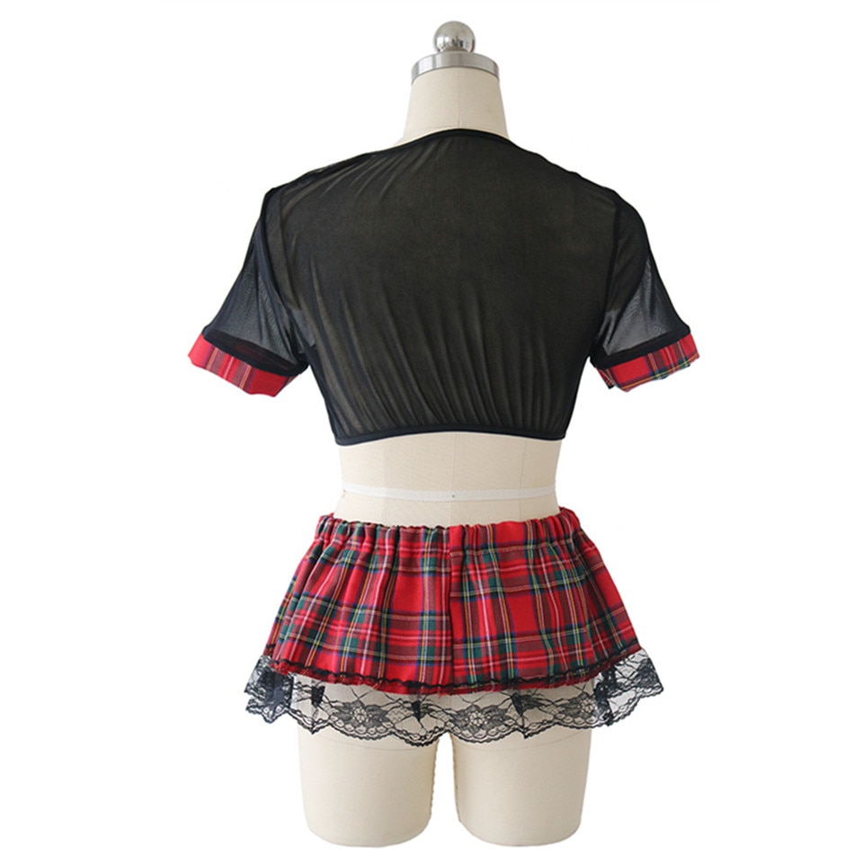 Abbille Plus Size Mini Skirt Women Sexy Lingerie Set Schoolgirl Lace Plaid Student Uniform Role Play Costume Outfit Porn Clothes