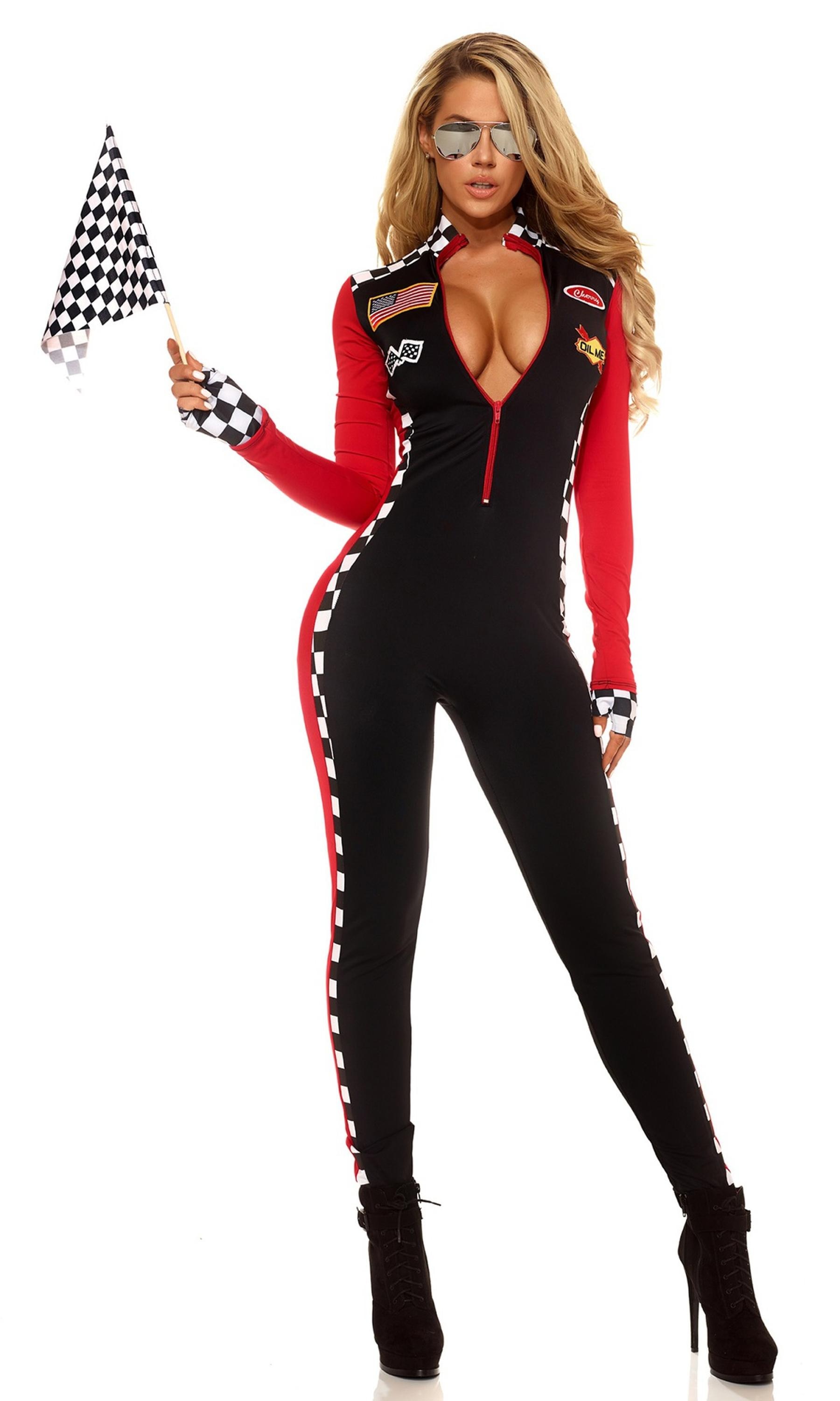 Sexy Ladies Racing Girl Costume Race Car Driver Outfit Long Sleeves Plaid Jumpsuit Dreamgirl Fancy Dress