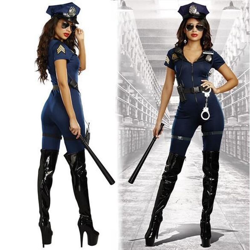 2018 New Stylish Female Police Costume Adult Halloween Cosplay Police Officer Uniform Sexy Deep V Neck Blue Jumpsuit Costume
