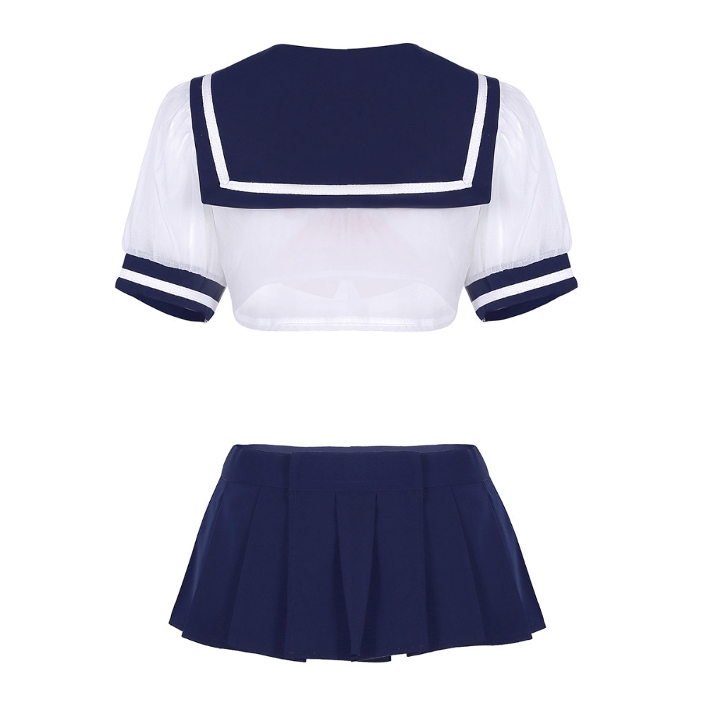 3Pcs Women Adult Cute Sailor School Student Cosplay Sexy Costume Uniforms Short Sleeve Sheer Crop Tops with Pleated Mini Skirt