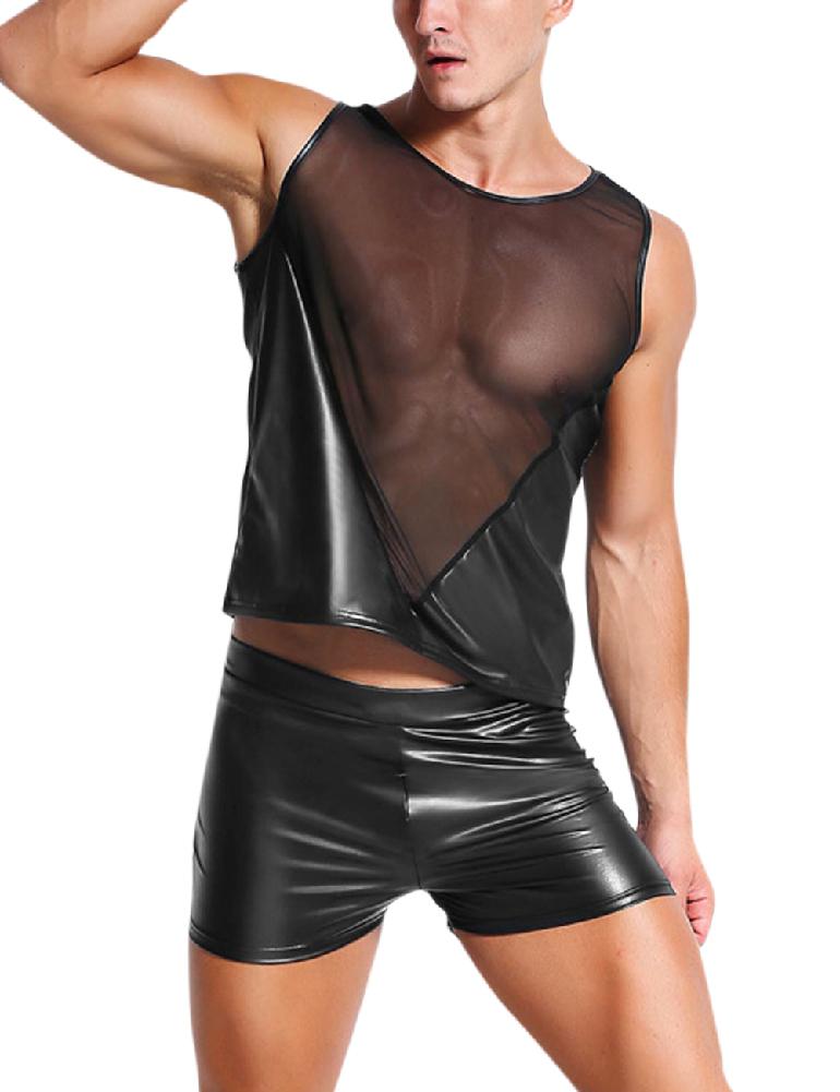 Men PU Cosplay Sexy Lingerie Stylish Leather Mesh Splicing Tights Underwear SAN0
