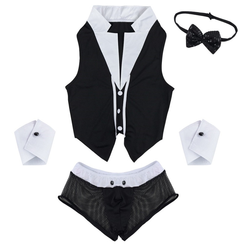 Sexy Maid Men Lingerie Role Play Costume Halloween Hot Erotic Men Maid Outfits Tops Underwear with Collar Handcuffs Lingerie Set