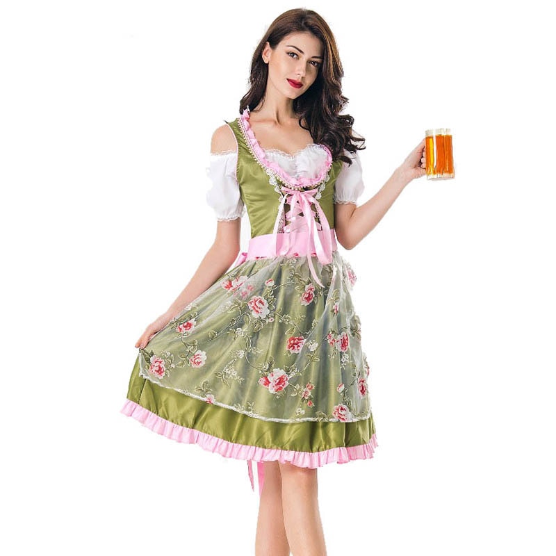 MOONIGHT Halloween German Beer Girl Costume Oktoberfest Costume Maid Germany Bavarian Print Short Sleeve Dress Dirndl For Women