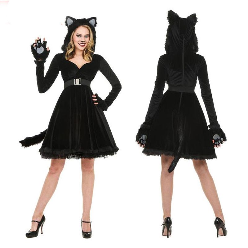 Black Plush Models Cat Girl Halloween Costume For Women Dress Cosplay Uniform Club Wear Party New Animal Womens Sexy Costume