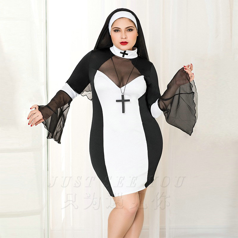 Plus Size Women Sexy Nun Cosplay Costume Black Nuns Costume Halloween Nurse Witch Suit Masquerade Role-playing Uniform P71109