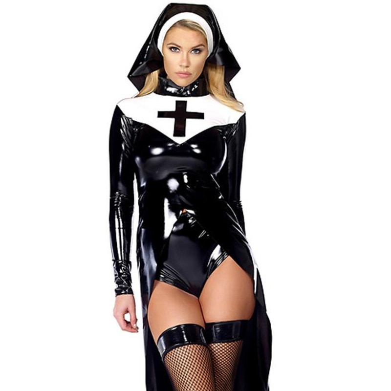 Sexy Wetlook Nun Costume Halloween Cosplay Plus Size M, L, XL, XXL Fashion Black Vinyl Leather Uniforms Carnival Erotic Costumes
