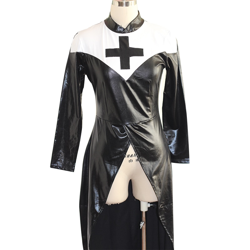 Sexy Wetlook Nun Costume Halloween Cosplay Plus Size M, L, XL, XXL Fashion Black Vinyl Leather Uniforms Carnival Erotic Costumes