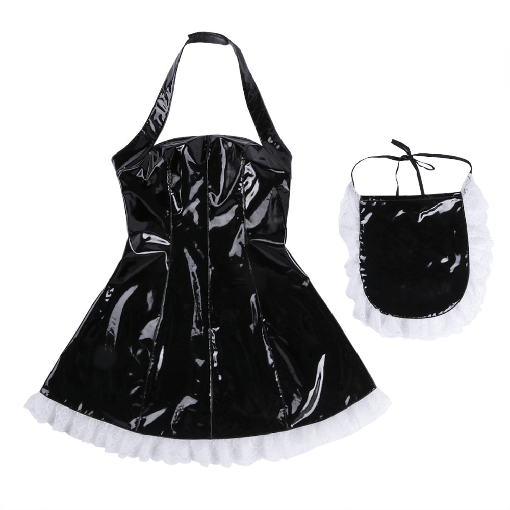 3Pcs Women Wet Look Patent Leather Maid Dress Cosplay Role Playing Costume Maidservant Outfits Halter Dress with Apron Neck Ring