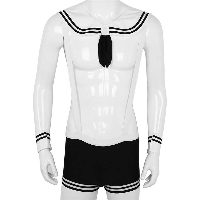 MSemis Mens Sexy Sailor Costume Overalls Cosplay Underwear Set Suspenders Boxer with Collar Cuffs Gay Halloween Costumes for Men