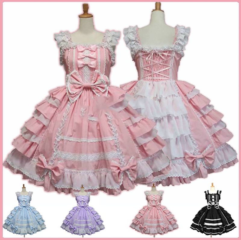 Women Alice Lolita Angel Pink Cotton Princess Dress Female Court-Style Gothic Tank Dress Cute Anime Maid Layered Dress For Girl