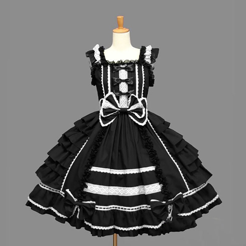 Women Alice Lolita Angel Pink Cotton Princess Dress Female Court-Style Gothic Tank Dress Cute Anime Maid Layered Dress For Girl