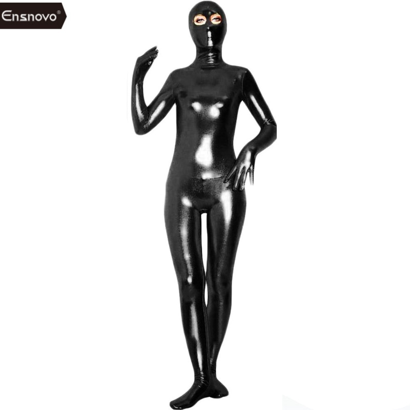 Ensnovo Women Lycra Nylon Spandex Bodysuit Black Shiny Metallic Zentai Catsuit Custom Skin Open Eyes Full Body Costume