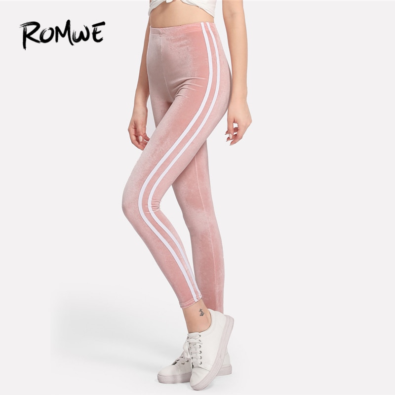 ROMWE Pink Side Striped Velvet Leggings Women Casual Autumn Fashion Bottoms Female Spring Sporty Clothes Ladies Leggings Pants