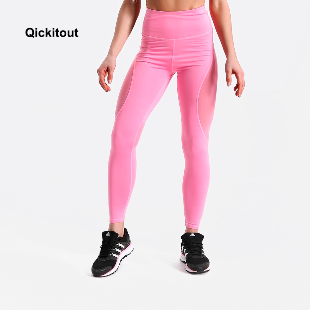 Qickitout Women Pants Exercise Fitness Trousers Pink&Breathable Mesh Stitching Leggings Spring Long Pants Plus Size