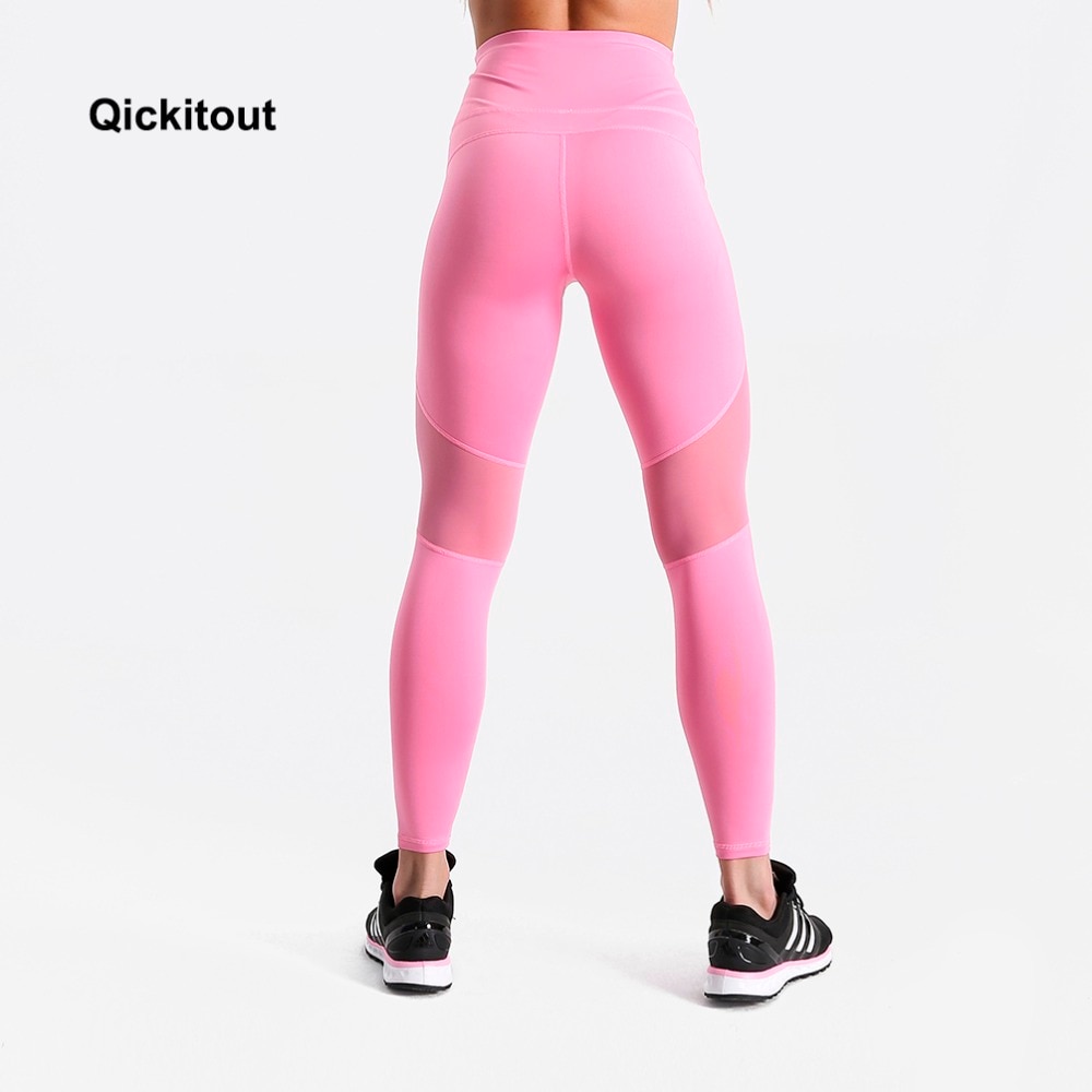 Qickitout Women Pants Exercise Fitness Trousers Pink&Breathable Mesh Stitching Leggings Spring Long Pants Plus Size