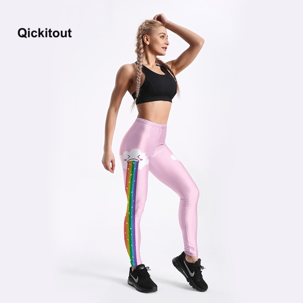 Rainbow Clouds Printed Sweet Style Women Fitness Pink Leggings Fashion Summer Soft Elastic Workout Long Pants