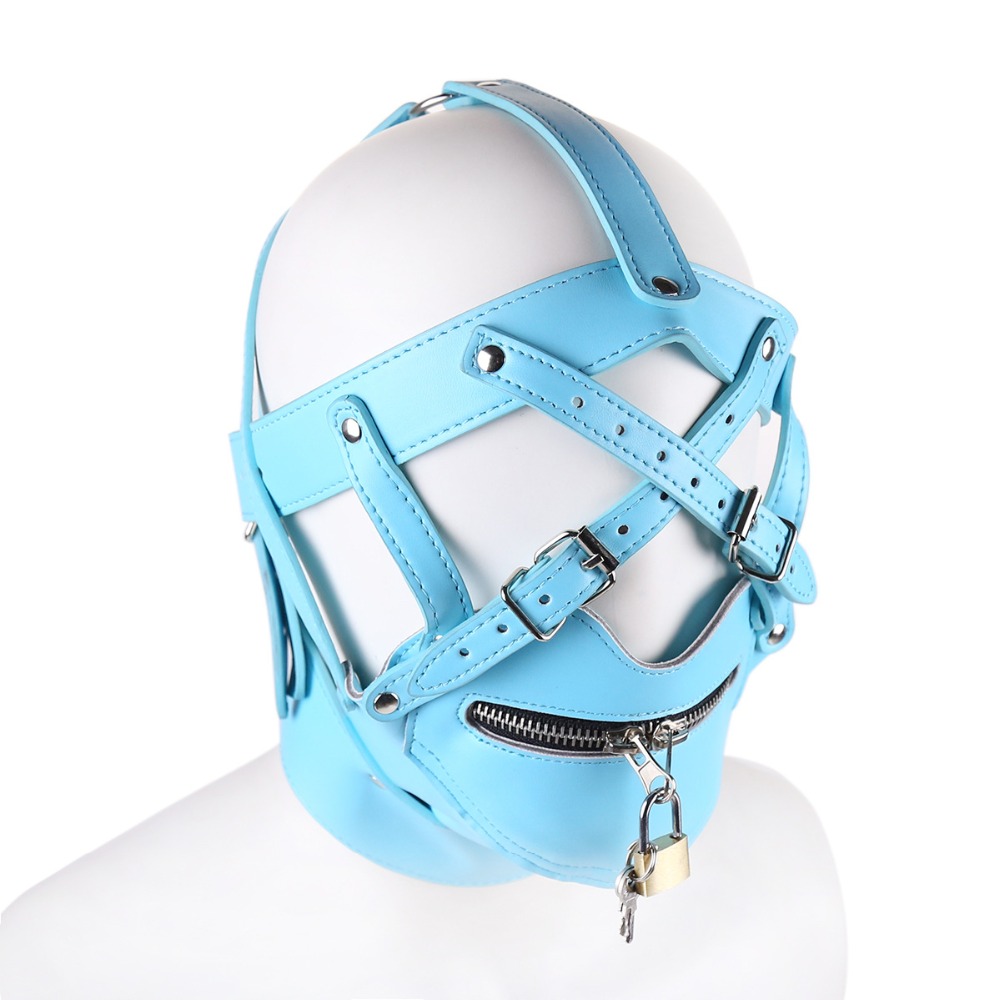 hot blue leather bondage harness sex mask with bdsm collar lock adult fetish mask sex toys for couples sex tools for sale