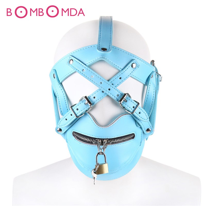Sexy Mask Hood Leather Bondage Restraints Headgear Hood Mask Cover Slave Erotic Toy Sex Mask Adult Games Zipper Lock Mouth Gag