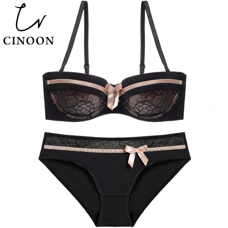 CINOON Sexy Lingerie Lace Bra Set Push Up Underwear Bow Lingerie Sets Fashion Women Intimates 1/2 Thin Cup Bra And Panties